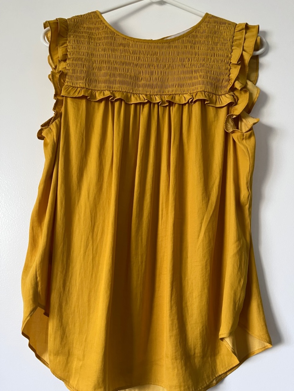 LOFT Mustard Yellow Smocked Yoke Ruffle Sleeveless Top